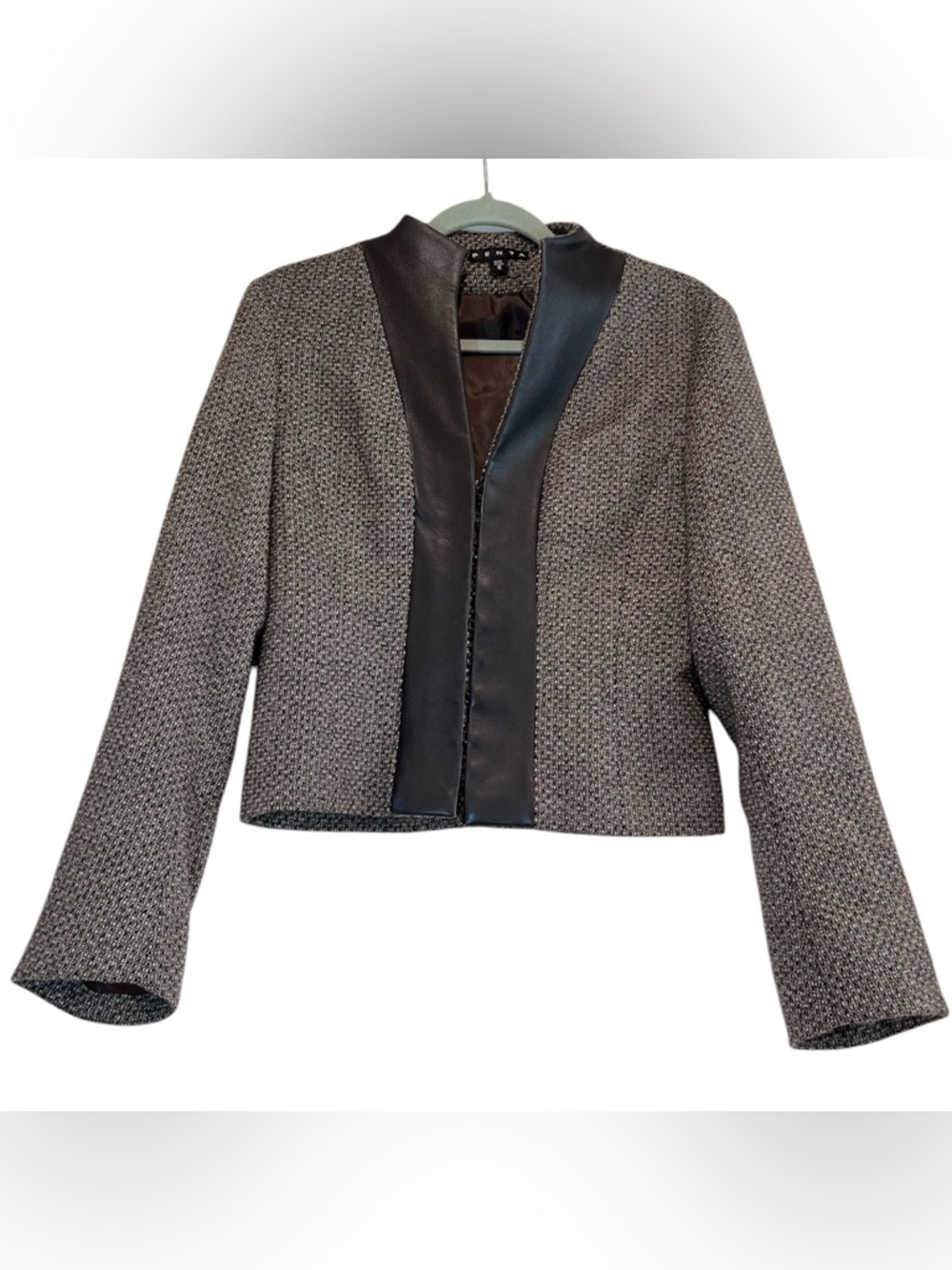 PENTA 100% Wool Tweed Jacket Genuine Leather Trim Open Front Blazer 6 Luxury